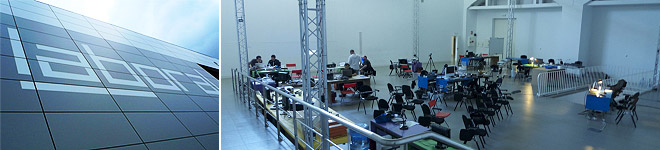 Two photographs. Left: detail of LABoral entrance. Right: the main workshop space.